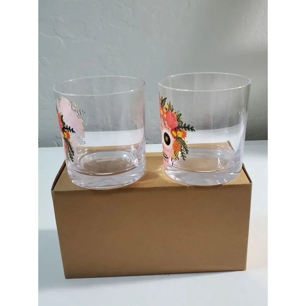 Paper Source Sugar Skull Glasses Set of 2 8 oz Glasses Tumblers New